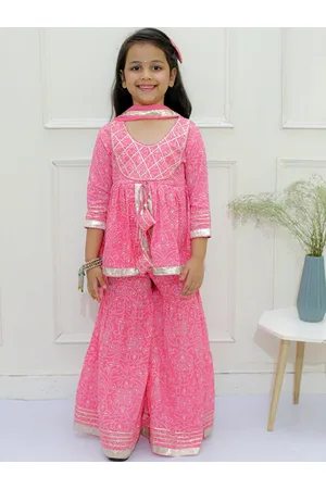 Ka-mee Girls Bandhani Printed Gotta Patti Pure Cotton Kurti With Sharara & Dupatta