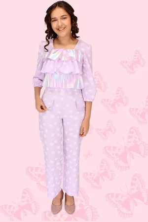 CUTECUMBER Girls Floral Printed Ruffled Crop Top with Trousers