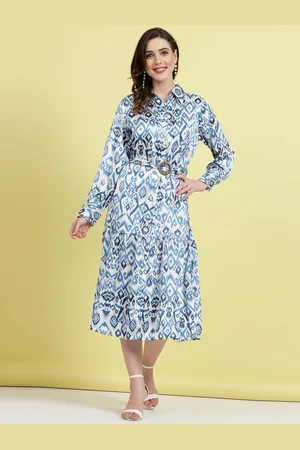 Pluss Ethnic Motifs Printed Shirt Collar Cuffed Sleeves Shirt Dress