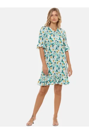 Campus Women Blue & Off-White Floral Printed A-Line Dress
