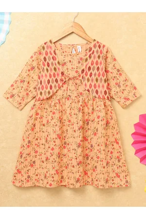 KiddoPanti Girls Floral Printed Boat Neck A-Line Cotton kurta With Overcoat
