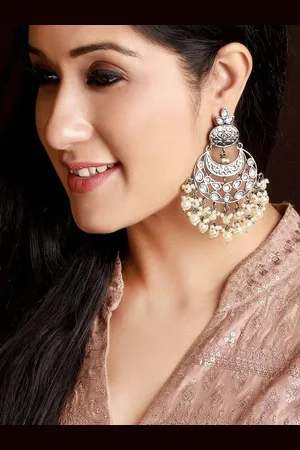 Rubans Women Silver Plated & Handcrafted Pearl Chandbali Earrings