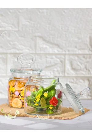 Pasabahce Transparent 2 Pieces Printed Glass Storage Jar 575 ML Each