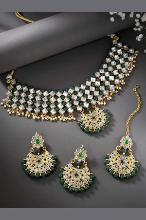 Peora Gold-Plated & Green Crystal Studded Jewellery Set