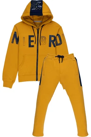 Status Quo Boys Mustard Yellow Printed Polyester Regular-Fit Tracksuits