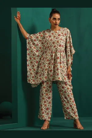 trueBrowns Floral Printed Kaftan Kurti With Palazzo