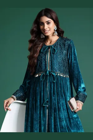 Sangria Velvet Finish Tie-Up Detail Embroidered Longline Ethnic Jacket