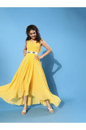 Miss Chase Women Bright Yellow Solid Ruffled Dress