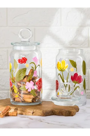 Pasabahce Transparent 2 Pieces Floral Printed Airtight Glass Jar Containers 1130ml