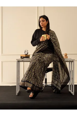 Tikhi Imli Black & Gold Geometric Printed Ready To Wear Saree