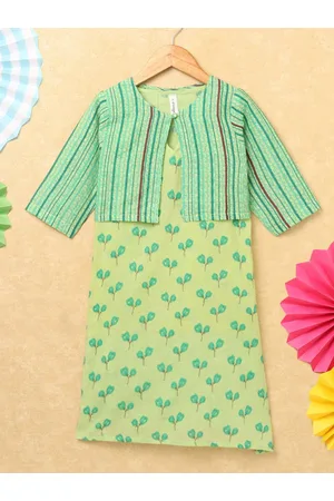 KiddoPanti Girls Floral Printed V Neck A-Line Cotton Kurta With Overcoat