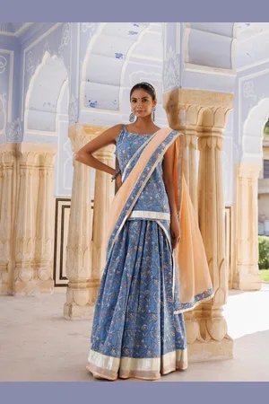Jaipur Floral Printed Ready to Wear Pure Cotton Lehenga & Blouse With Dupatta