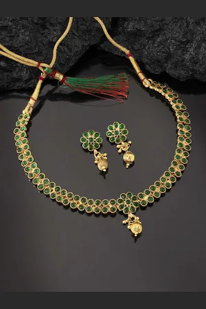 Peora Green Gold Plated Studded Traditional Temple Jewellery Set