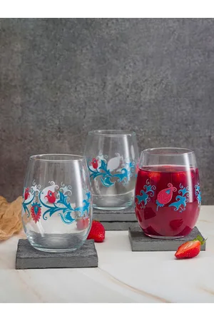 Pasabahce Transparent & Blue 6 Pieces Printed Glass - 350 ML Each