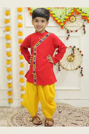 BownBee Boys Band Collar Thread Work Angrakha Pure Cotton Kurta with Dhoti Pants
