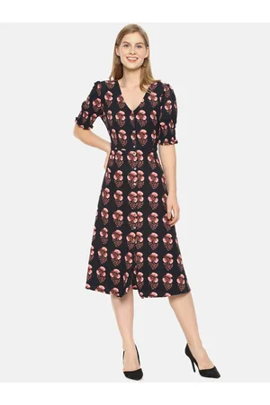 Campus Black & Pink Floral Crepe A-Line Midi Dress