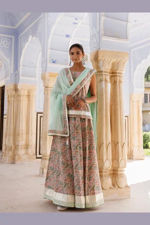 Jaipur Embellished Block Print Cotton Ready to Wear Lehenga & Blouse With Dupatta