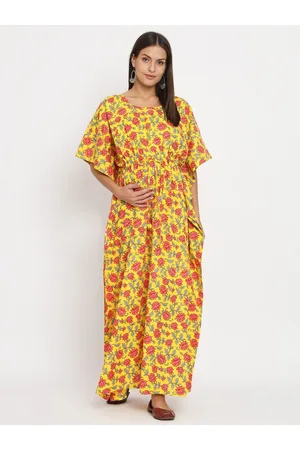 Aujjessa Floral Printed Flared Sleeves Tie-Ups Pure Cotton Kaftan Maternity Dress