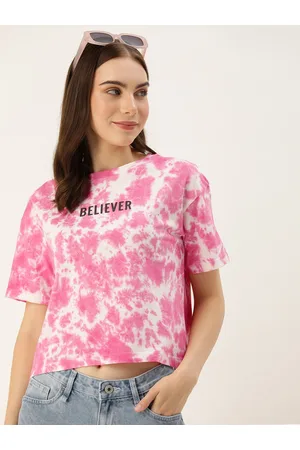 HARVARD Tie and Dye Printed Drop-Shoulder Sleeves Applique Crop T-shirt