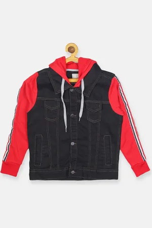 Instafab Boys Black & Red Washed Checked Crop Denim Jacket