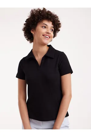 FableStreet Women Black LivIn Polo Collar T-shirt