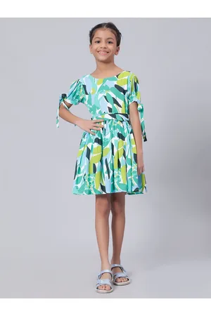 Biglilpeople Girls Abstract Printed Puff Sleeves Tie-Ups Cotton Fit & Flare Dress