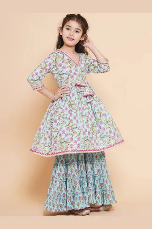 Bhama Girls Floral Printed Regular Gotta Patti Pure Cotton Kurta with Sharara
