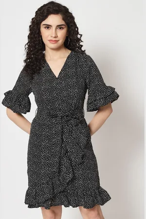 BEATNIK Polka Dots Printed Round Neck Bell Sleeve Wrap Dress