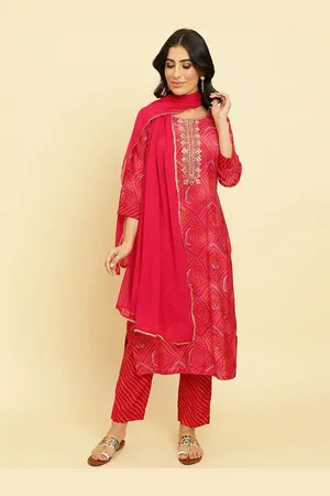 Varanga Bandhani Printed Beads & Stones Kurta With Trousers & Dupatta