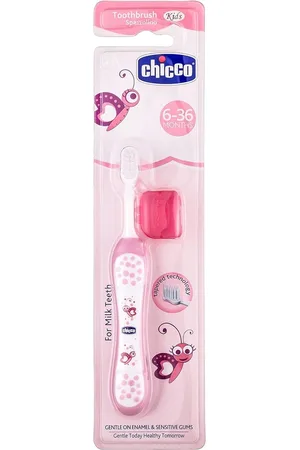 chicco Kids 6-36 Months Cartoon Printed Toothbrush With Head Cover - Pink & White