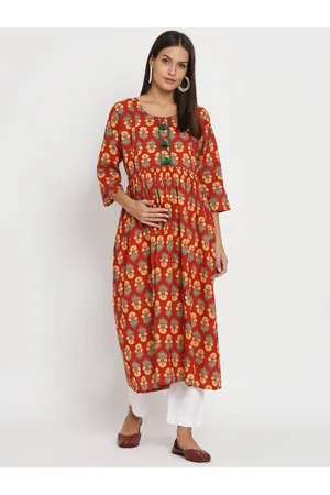 Aujjessa Ethnic Motifs Printed Maternity And Feeding Pure Cotton A-Line Kurta
