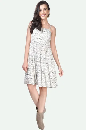 BEATNIK Geometric Printed Shoulder Straps Sleeveless Tiered Fit & Flare Dress