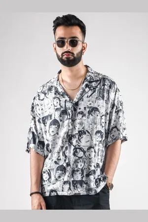 COMICSENSE Men Grey Relaxed Boxy Fit Anime Printed Ahegao Oversized Hawaiian Shirt