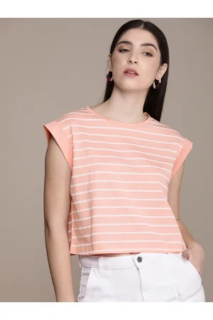 French Connection Women Pink & White Striped Pure Cotton T-shirt
