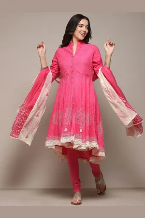 Biba Ethnic Motifs Printed Thead work Detail Cotton Anarkali Kurta & Leggings With Dupatta