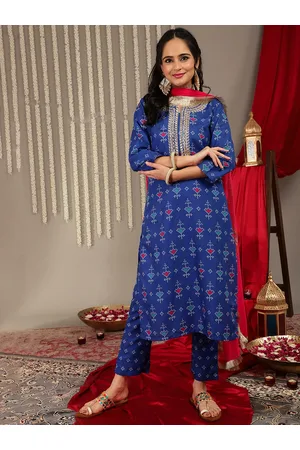 Varanga Women Blue Bandhani Printed Gotta Patti Kurta with Trousers & Dupatta