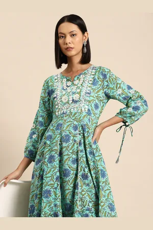 all about you Floral Print Puff Sleeves Embellished A-Line Midi Dress