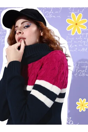 DressBerry Women Magenta Pink & Navy Blue Colourblocked Whipped for Varsity Pullover