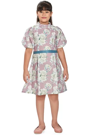 Peppermint Floral Printed Mock Neck Puff Sleeve Cotton Fit & Flare Dress