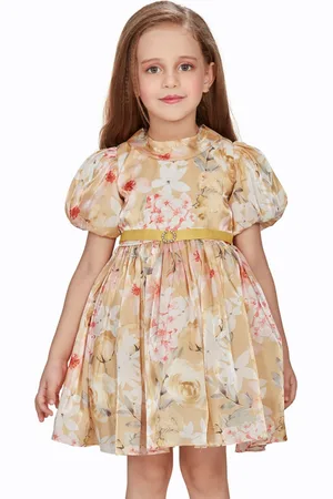 Peppermint Girls Floral Printed Puff Sleeves Satin Fit & Flare Dress