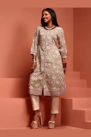 IMARA Floral Printed Puff Sleeves A-Line Pure Cotton Kurta