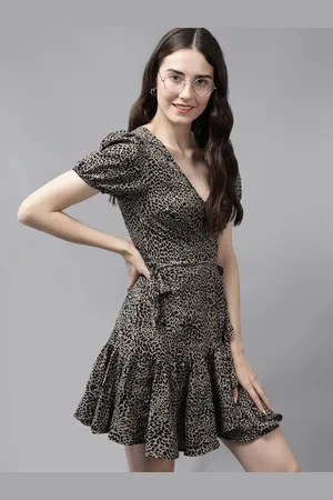 Mast & Harbour Animal Printed V-Neck Gathered Deatil Fit and Flare Dress