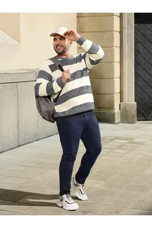 Sztori Men Plus Size Off White & Black Striped Pullover