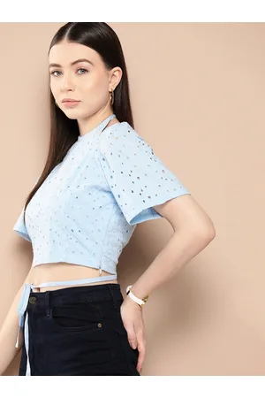 Chemistry Solid Puff Sleeves Mock Halter Neck Pure Cotton Schiffli Crop Top
