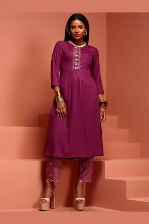 IMARA Floral Yoke Design Thread Work Pleated A-Line Kurta With Trouser