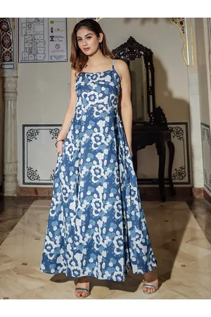 Divena World Women Blue & White Pure Cotton Floral Print Maxi Dress