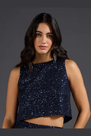 20Dresses Blue Embellished Round Neck Crop Regular Top
