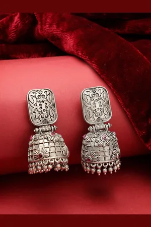 ADIVA Oxidised Silver-Plated Dome Shaped Jhumkas