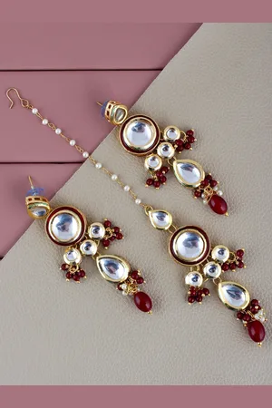 Lucky Jewellery Gold-Plated Kundan Studded Maang Tika And Earrings Jewellery Set