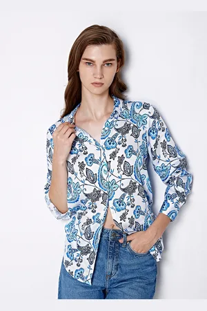 COVER STORY White Floral Printed Spread Collar Long Sleeve Casual Shirt